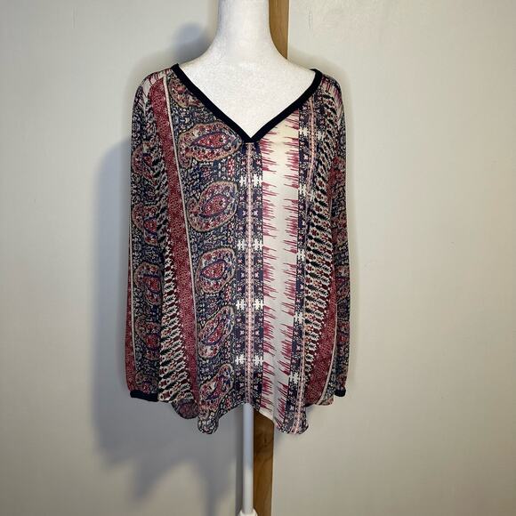 Lucky Brand cream, maroon & navy print long sleeve sheer top size L - Picture 2 of 10